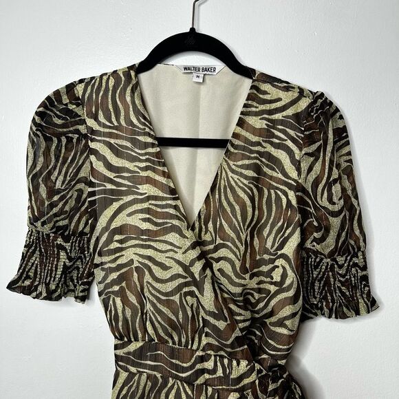 Walter Baker Brani Puff Sleeve Zebra Mini Wrap Dress Size M Retro Y2K Designer - Picture 4 of 11